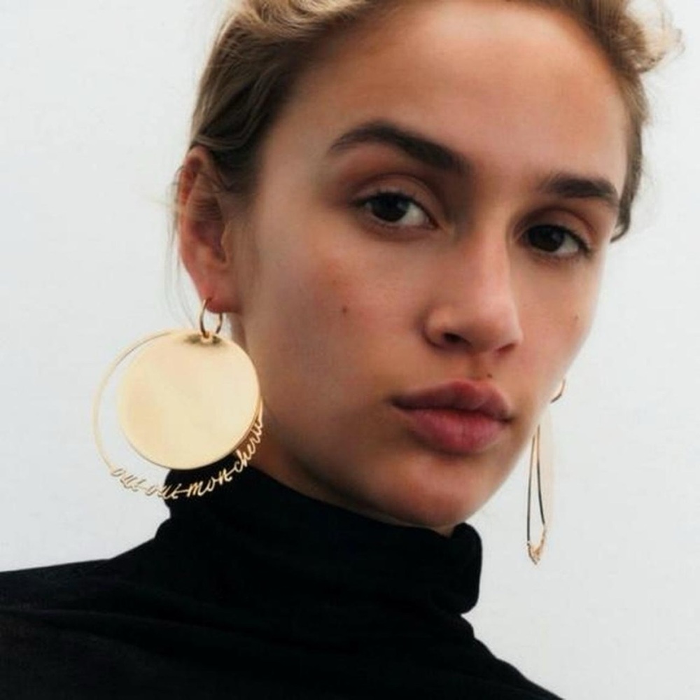 NWT Zara Text Detail Oui Oui Mon Cheri Round Gold Earrings
